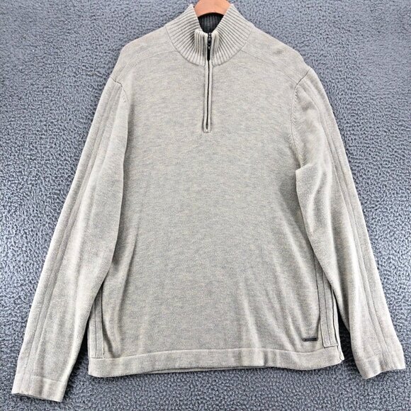 Calvin Klein Sweater Mens Large Gray Lambswool Blend 1/4 Zip Mock Neck Stretch - Picture 2 of 10